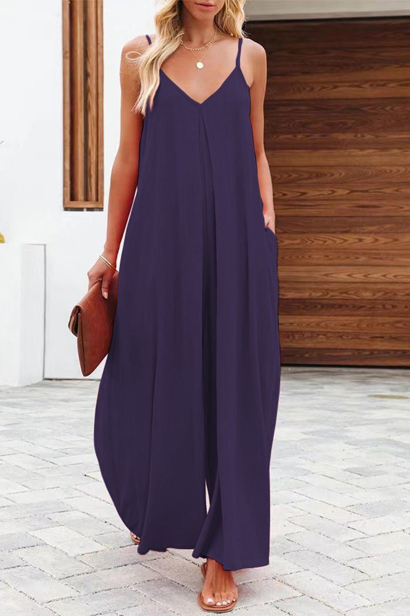 Casual Solid Solid Color V Neck Loose Jumpsuits