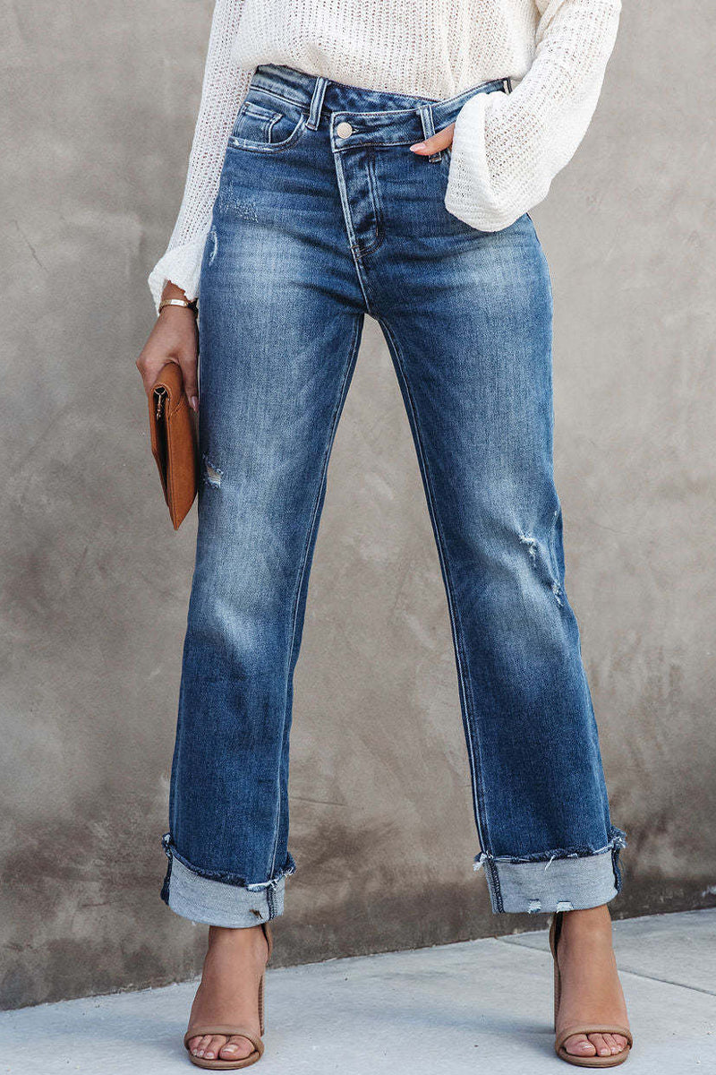 Casual Street Solid Make Old Asymmetrical Straight Denim Jeans