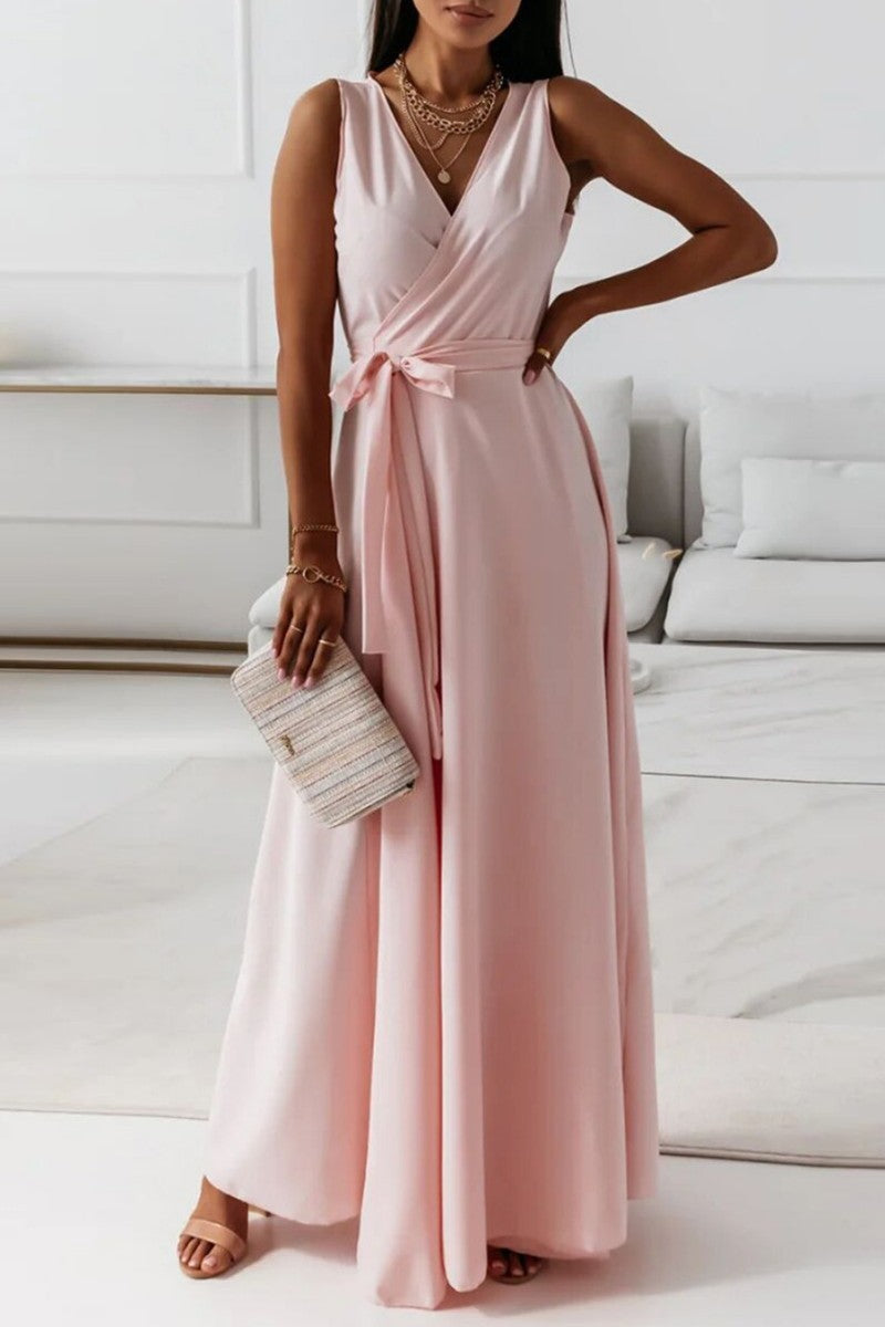 Casual Solid Frenulum V Neck Long Dress Dresses