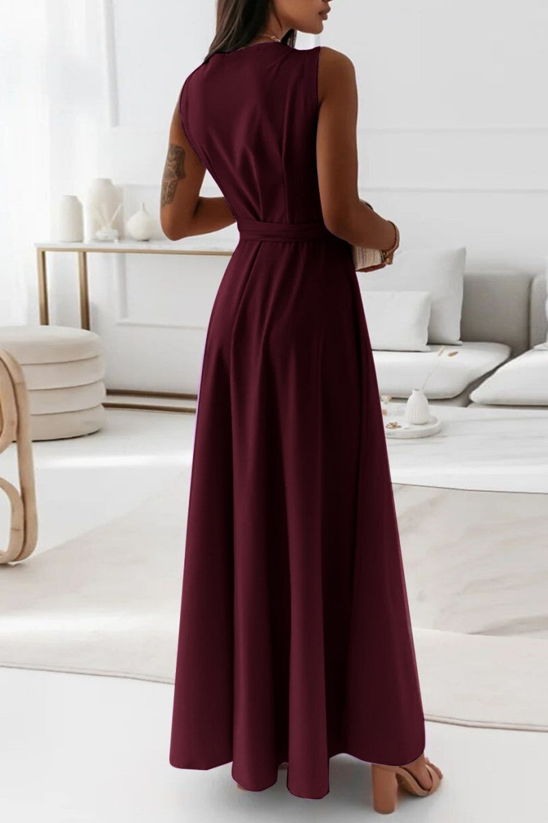 Casual Solid Frenulum V Neck Long Dress Dresses