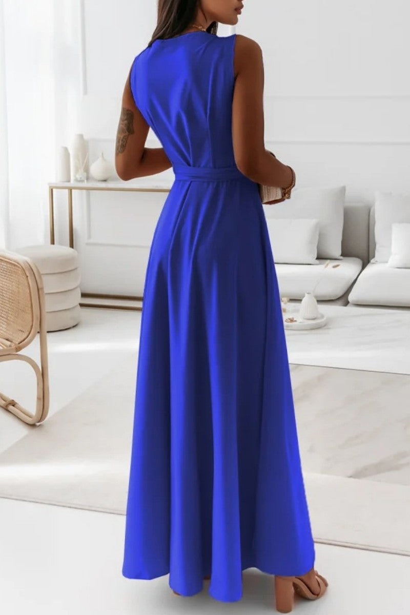 Casual Solid Frenulum V Neck Long Dress Dresses