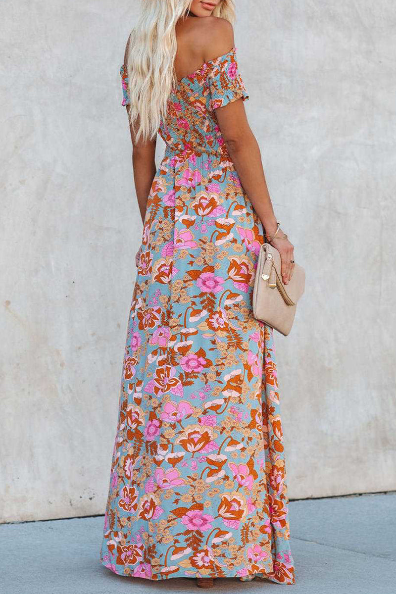 Elegant Vacation Floral Patchwork Off the Shoulder Printed Dress Dresses