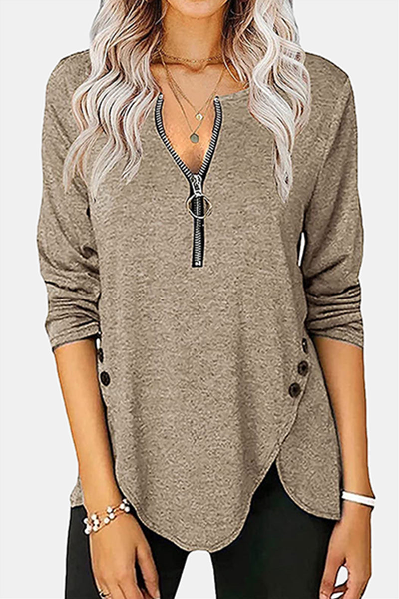 Casual Solid Buckle Asymmetrical Zipper Collar Tops