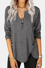 Casual Solid Buckle Asymmetrical Zipper Collar Tops