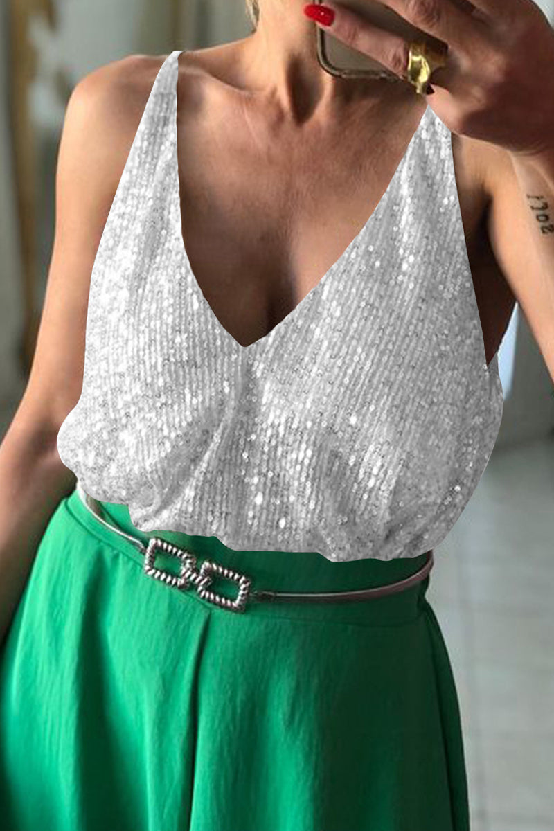 Sexy Solid Sequins Sequined V Neck Tops