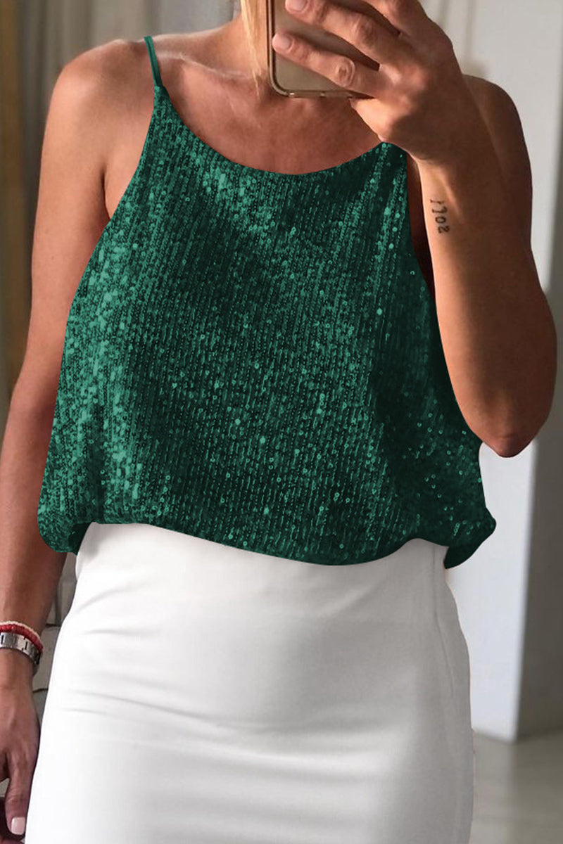 Sexy Solid Sequins Sequined V Neck Tops