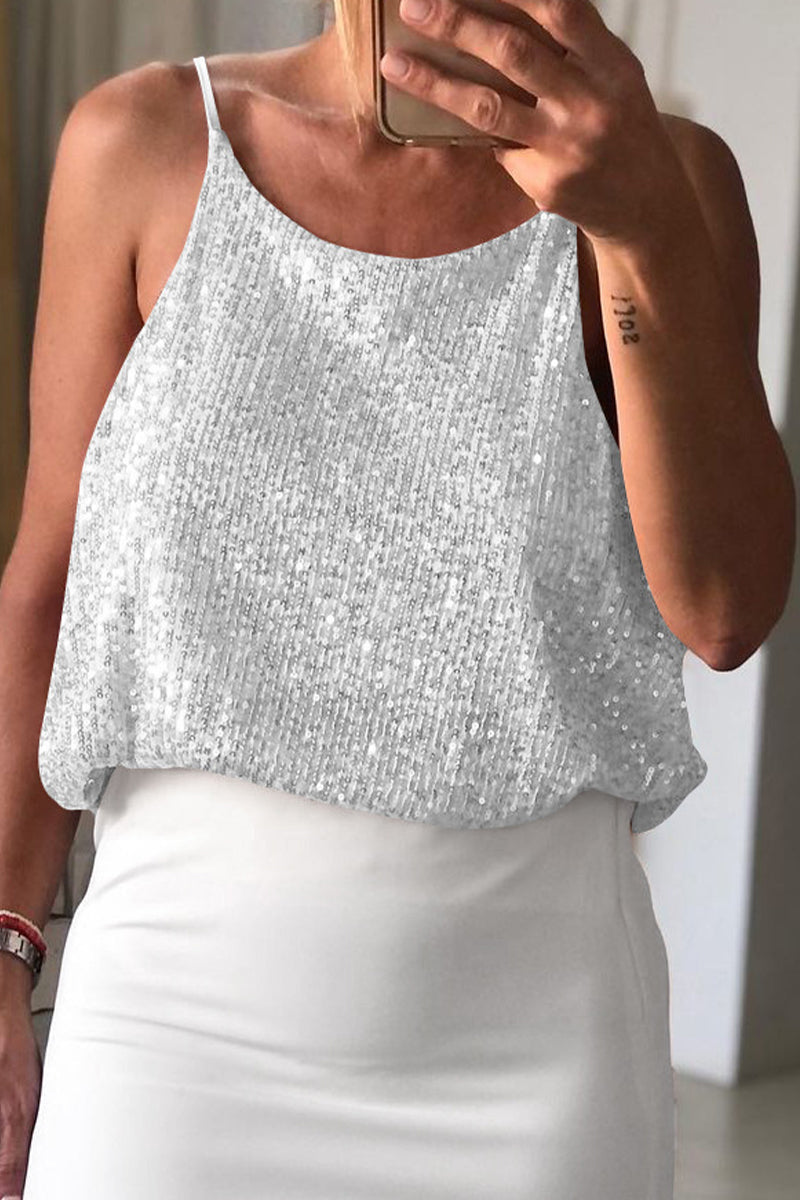 Sexy Solid Sequins Sequined V Neck Tops