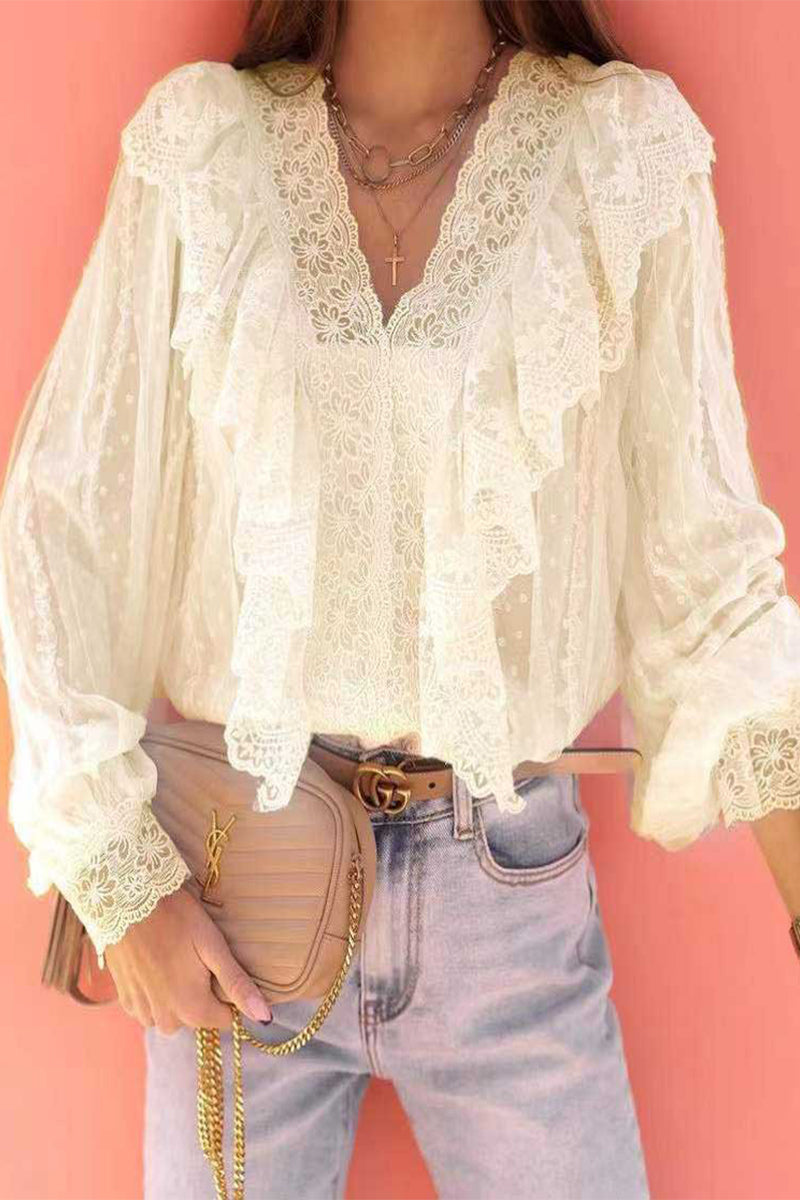 Elegant Solid Lace Patchwork V Neck Tops