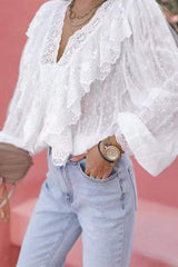 Elegant Solid Lace Patchwork V Neck Tops