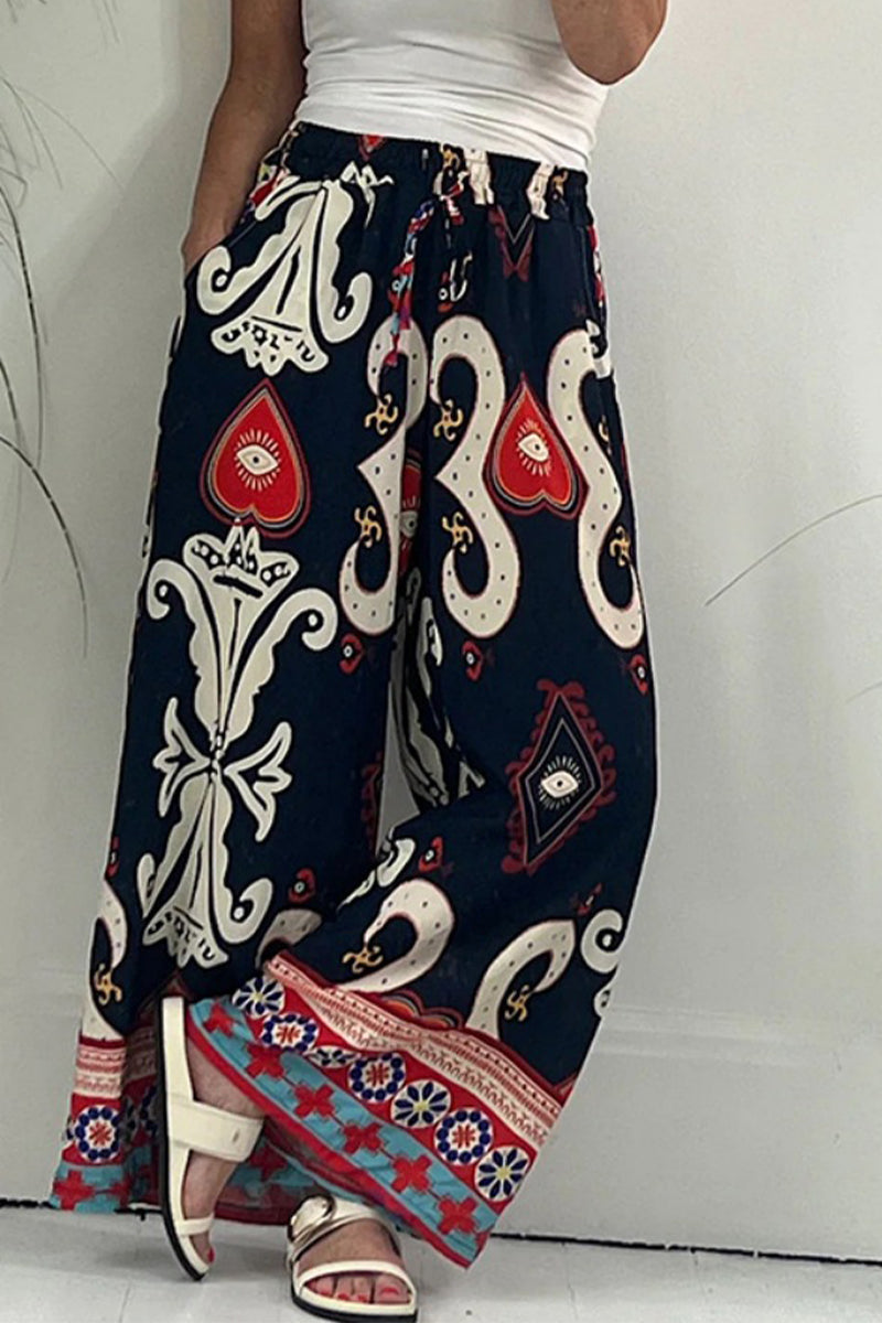 Casual Print Pocket Loose Wide Leg Full Print Bottoms