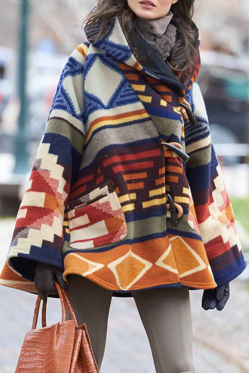 Elegant Geometric Print Patchwork Hooded Collar Outerwear