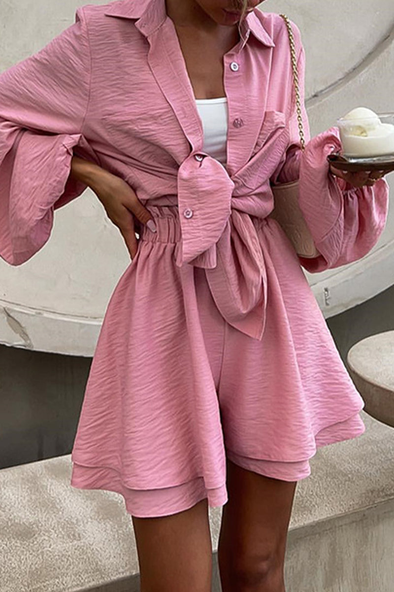 Sweet Solid Turndown Collar Long Sleeve Two Pieces