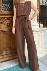 Elegant Solid Frenulum O Neck Loose Jumpsuits(3 Colors)