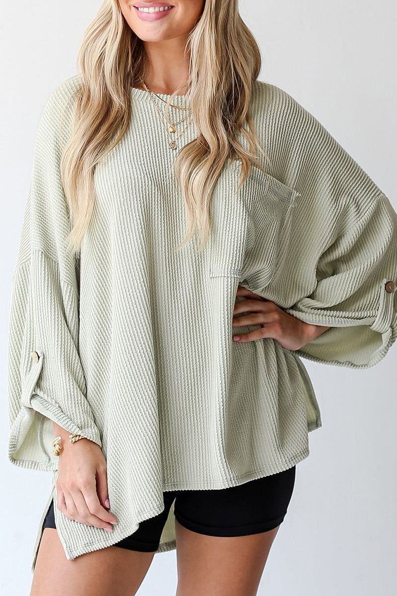 Casual Solid Pocket O Neck Tops