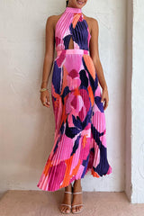 Sexy Vacation Gradual Change Print Fold Contrast Halter Sleeveless Dress Dresses