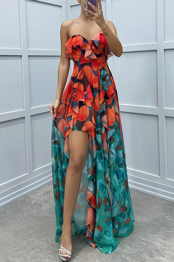 inostorâ„?Gradient Unique Print Flowing Layered Ruffles Strapless Slit Maxi Dress