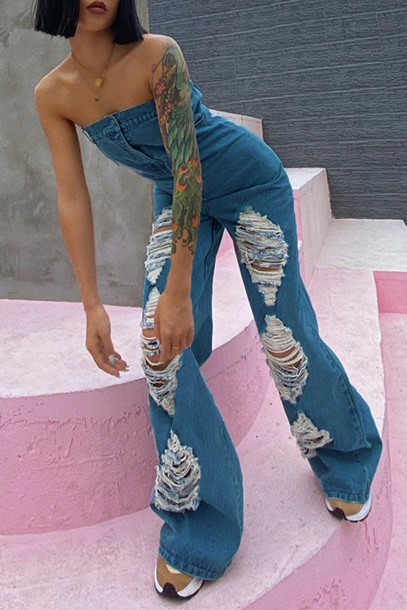 Sexy Street Solid Ripped Strapless Regular Jumpsuits