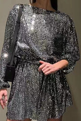 Casual Patchwork Sequins O Neck Long Sleeve Dresses