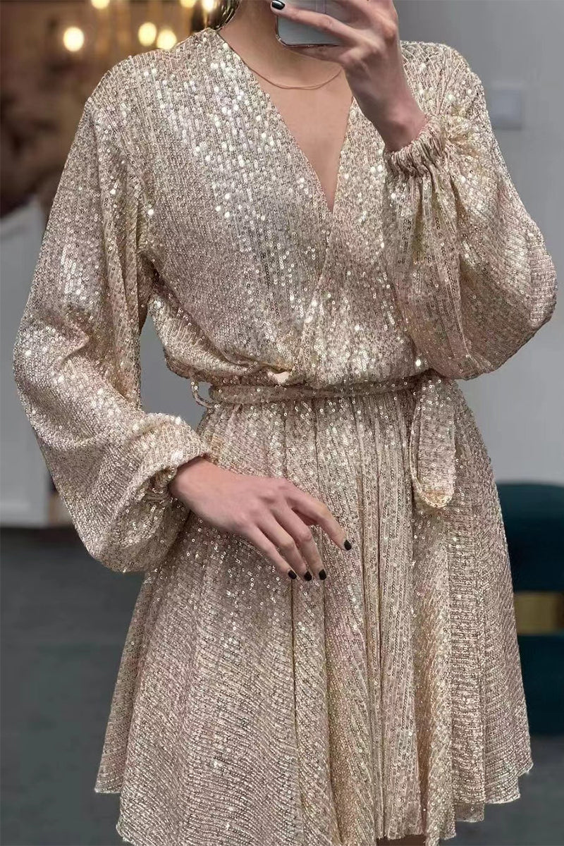 Sexy Solid Sequins Sequined V Neck Long Sleeve Dresses