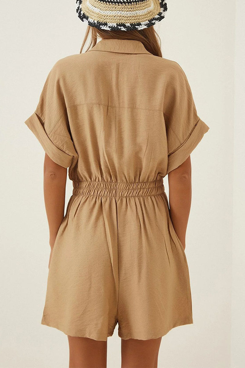 Daily Simplicity Solid Pocket Turndown Collar Loose Rompers(4 Colors)