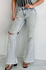 Street Solid Tassel Ripped Regular Denim Jeans