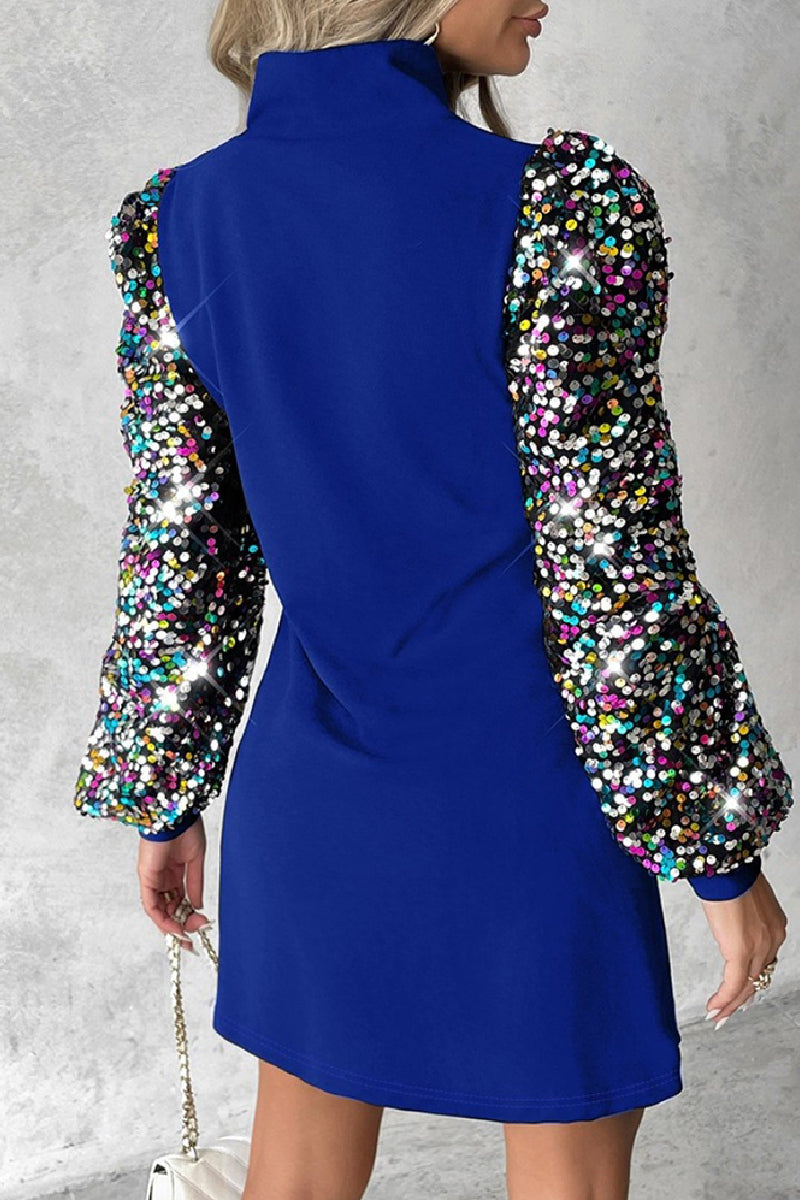 Casual Patchwork Hollowed Out Sequins Half A Turtleneck Long Sleeve Dresses(6 Colors)