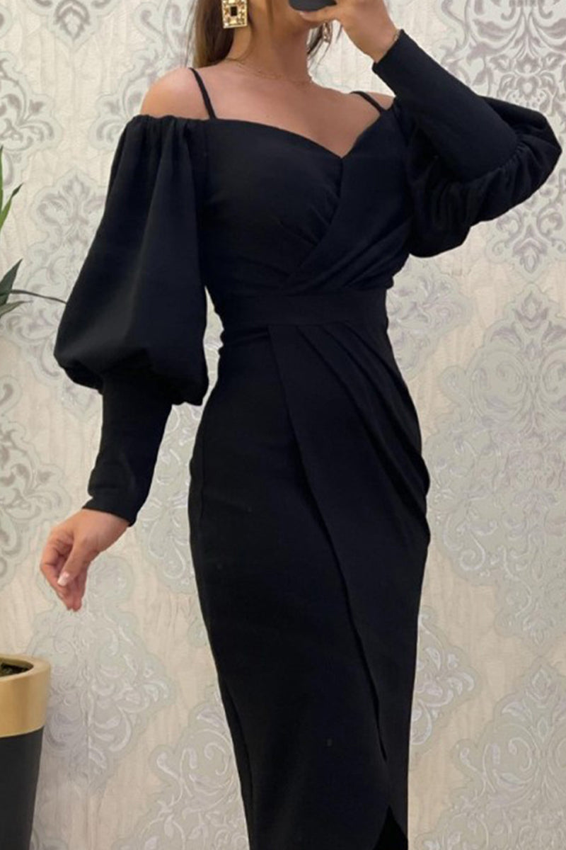 Sweet Elegant Solid Fold Off the Shoulder Irregular Dress Dresses