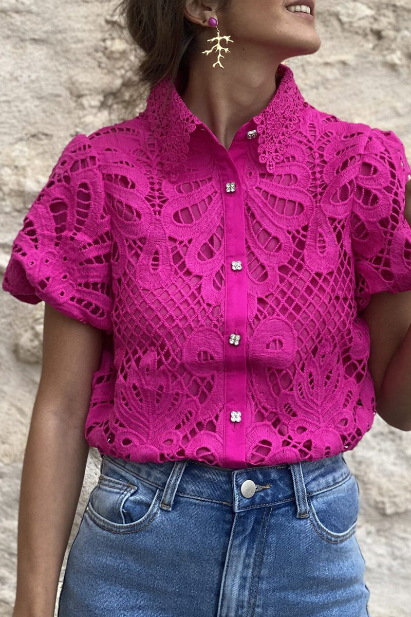 Casual Solid Lace Hollowed Out Turndown Collar Blouses