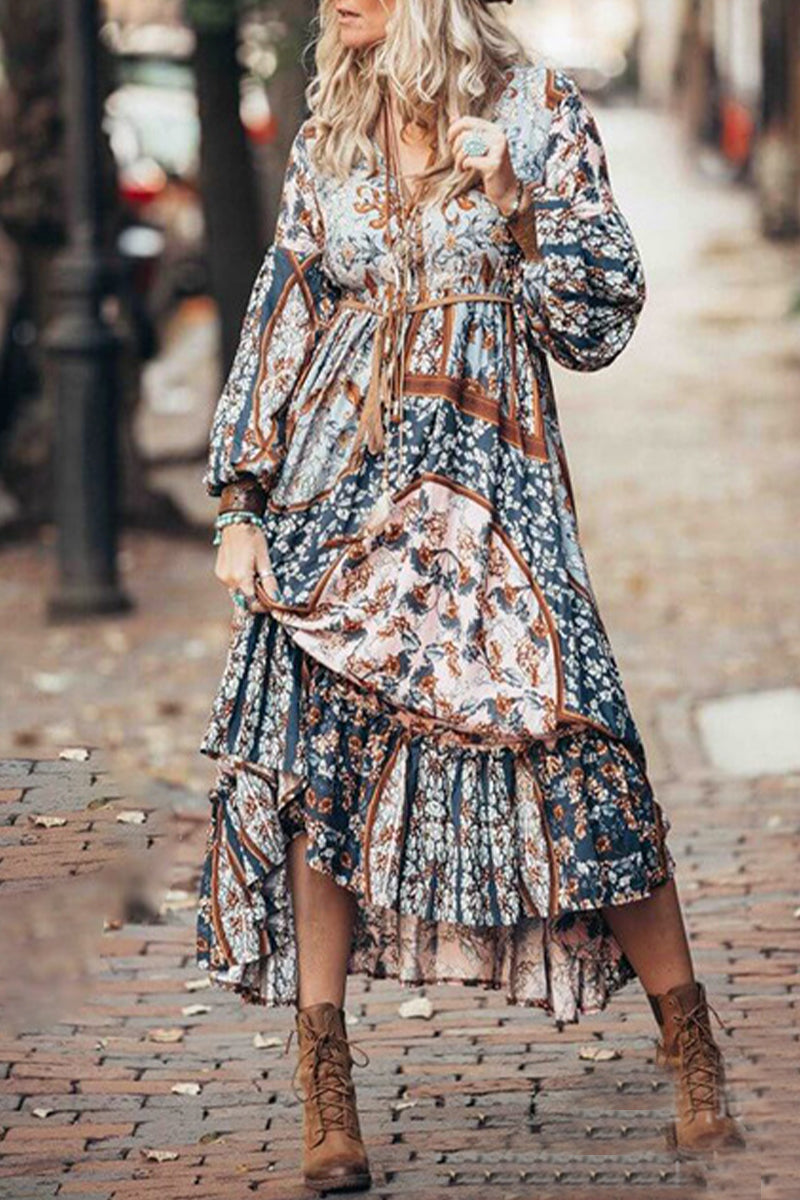 Bohemian Vintage Floral Frenulum V Neck Printed Dress Dresses