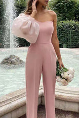 Sweet Elegant Solid Patchwork Oblique Collar Regular Jumpsuits