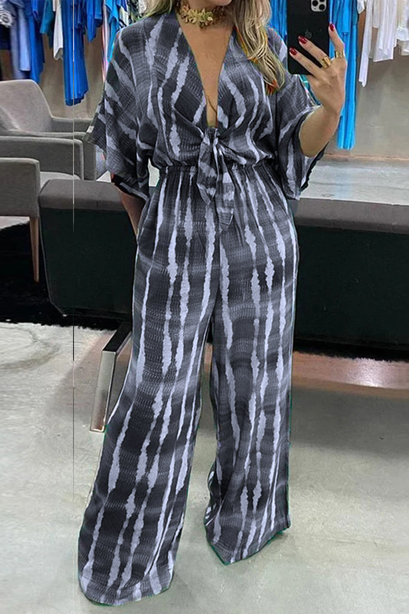 Casual Striped Print Frenulum V Neck Loose Jumpsuits