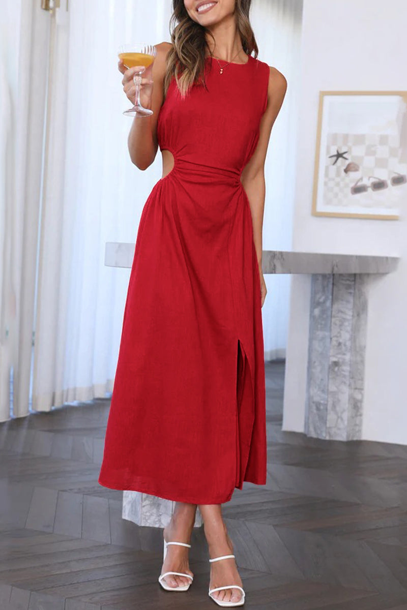 Sweet Simplicity Solid Hollowed Out Slit O Neck Sleeveless Dress Dresses