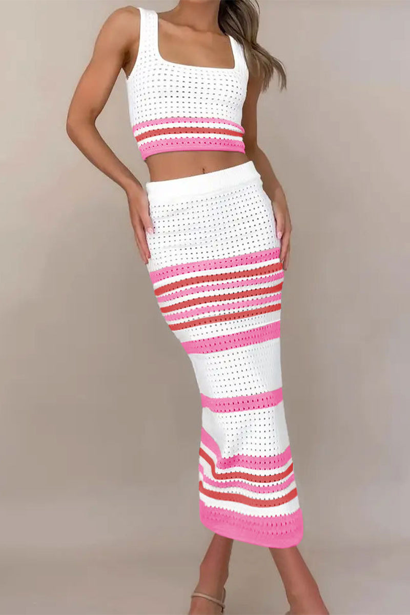 Sexy Striped Hollowed Out Weave Square Collar Sleeveless Two Pieces