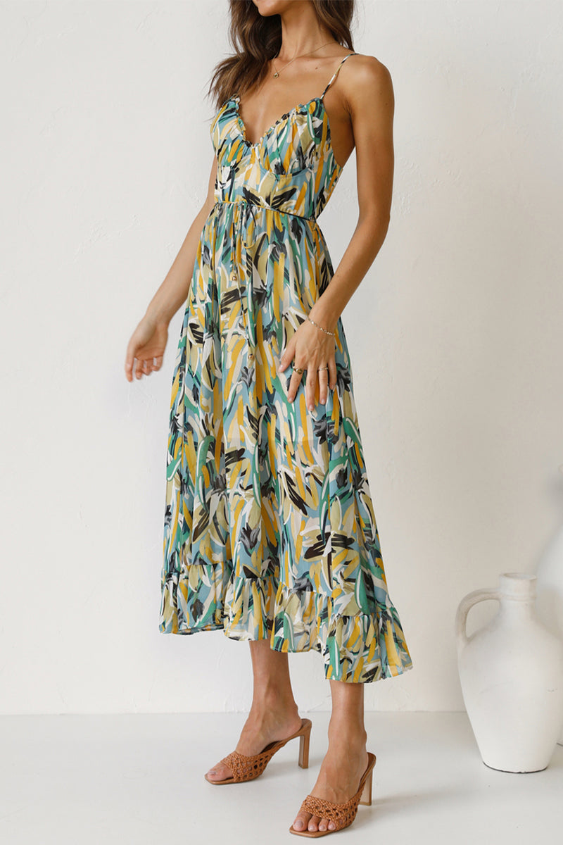 Elegant Vacation Color Lump Print Backless Flounce V Neck Sling Dress Dresses