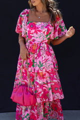 Elegant Vacation Print Flowers Flounce Square Collar A Line Dresses