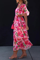 Elegant Vacation Print Flowers Flounce Square Collar A Line Dresses