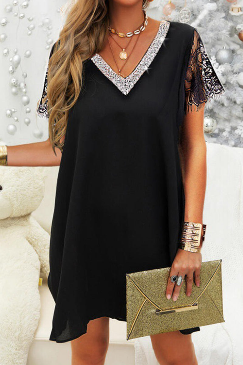 Casual Solid Lace Sequins V Neck Short Sleeve Dresses