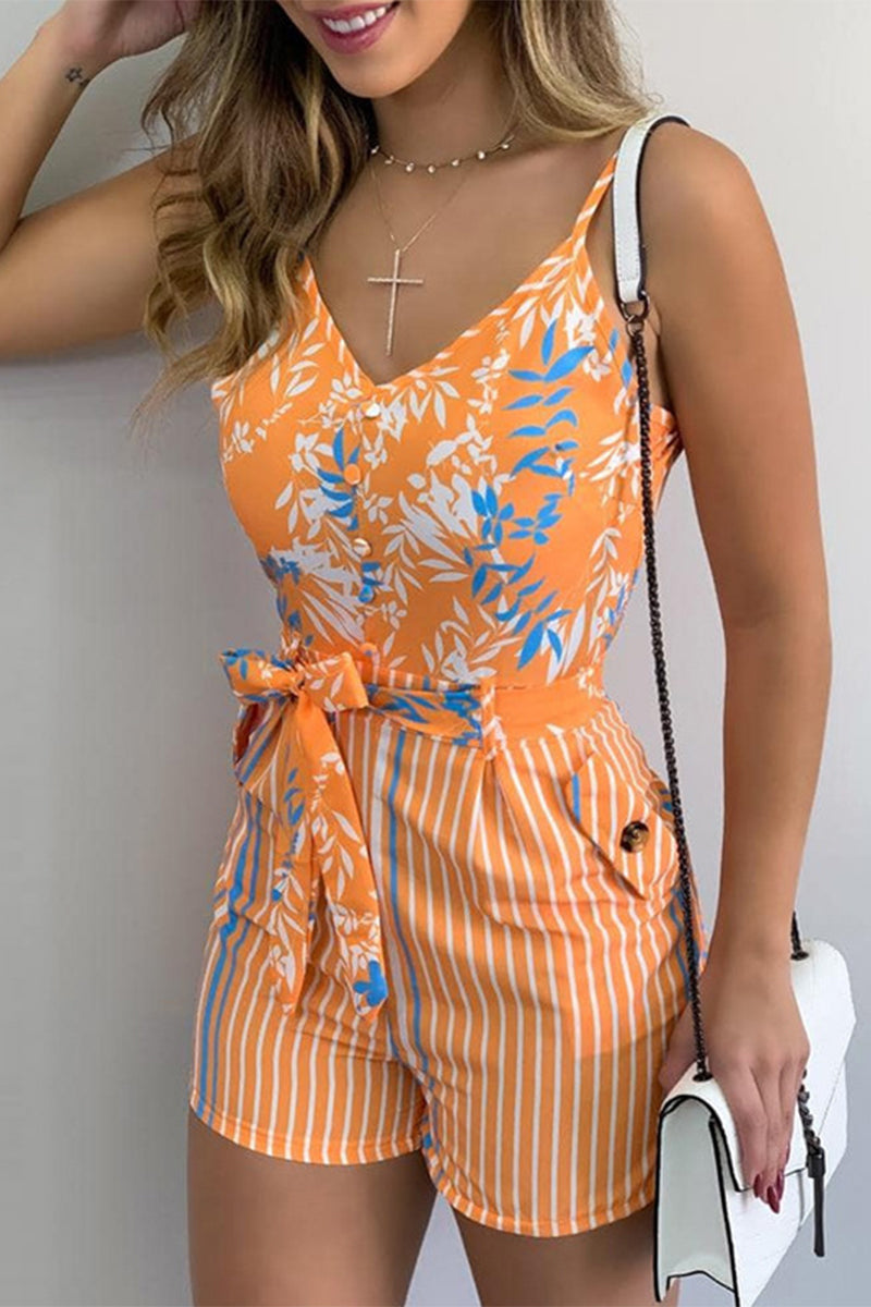 Sexy Geometric Print Bandage Patchwork V Neck Regular Rompers