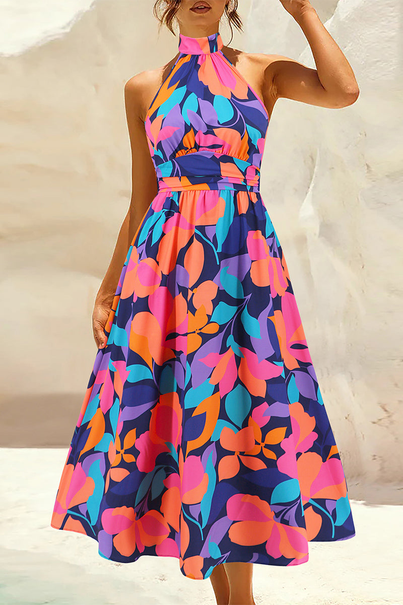 Bohemian Elegant Floral Contrast Mandarin Collar Printed Dresses