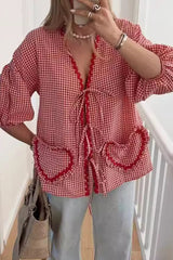 Sweet Plaid Heart Shaped Frenulum Contrast V Neck Tops