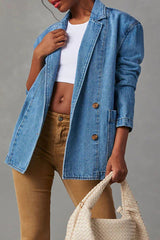 Casual Simplicity Solid Pocket Buttons Turn-back Collar Long Sleeve Loose Denim Jacket