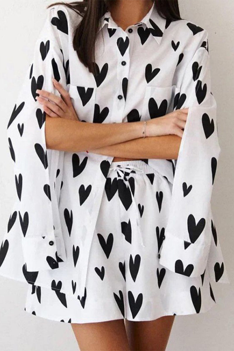 Casual Print Heart Shaped Pocket Turndown Collar Long Sleeve Two Pieces