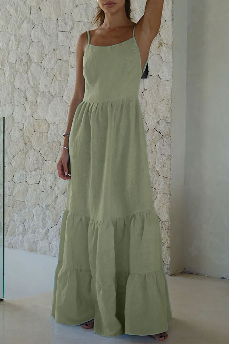 Sexy Vacation Solid Frenulum Backless U Neck Cake Skirt Dresses