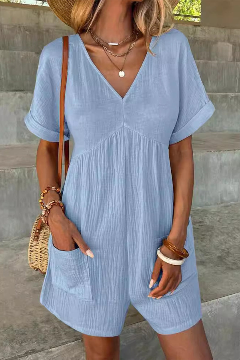 Casual Simplicity Solid Pocket V Neck Loose Rompers(5 Colors)