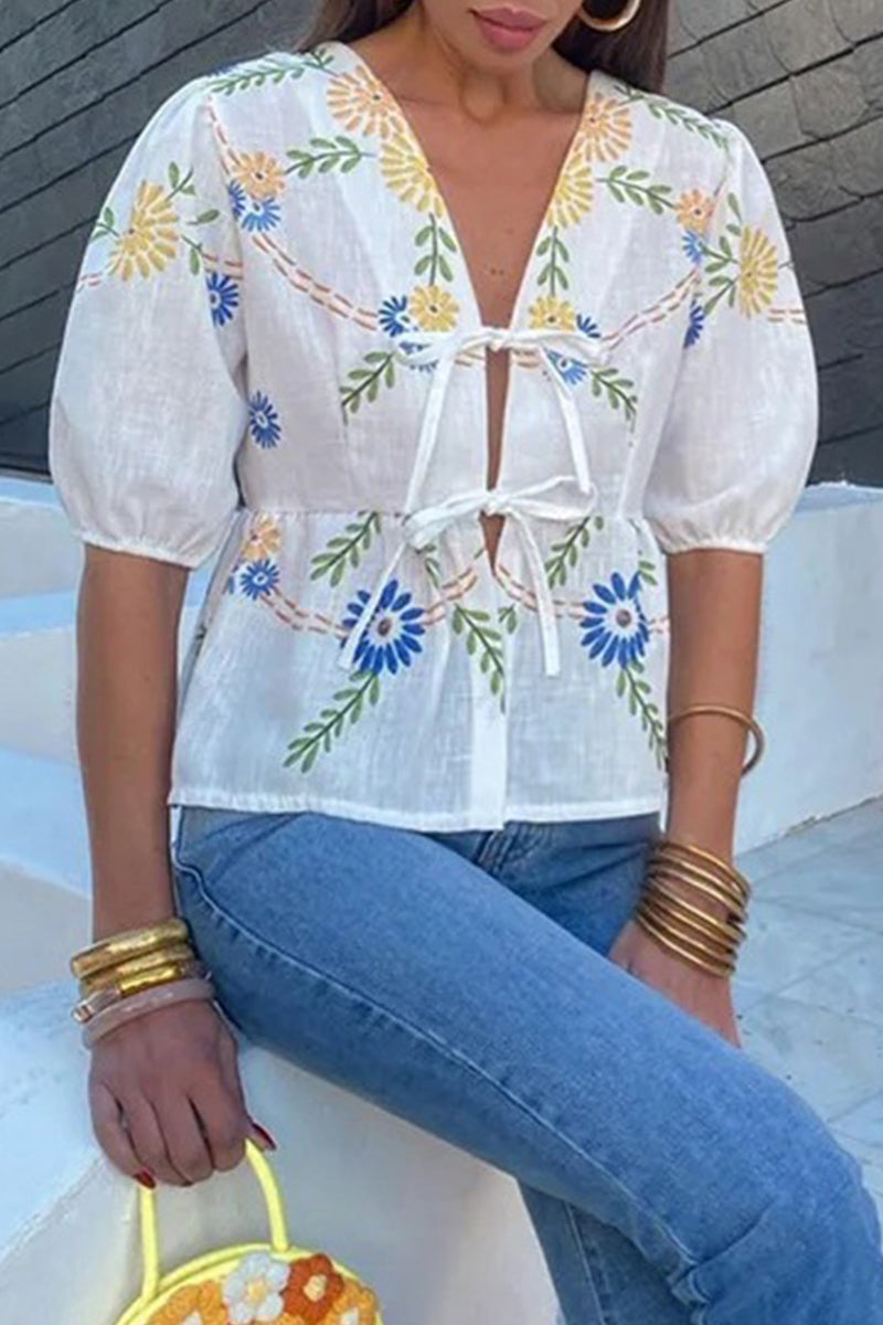 Casual Print Flowers Frenulum V Neck Tops