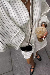 Casual Striped Print Pocket Turndown Collar Tops