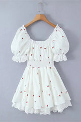Sweet Fruit printing Patchwork Frenulum Off the Shoulder A Line Dresses