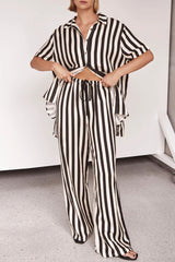 Casual Daily Striped Print Contrast Turndown Collar Short Sleeve Two Pieces