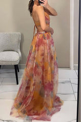 Sexy Gradient Print Backless Contrast V Neck Long Dresses