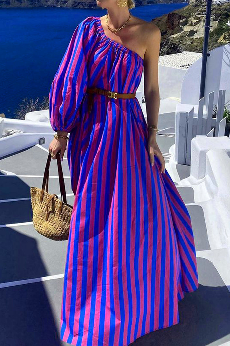 Casual Vacation Striped Print With Belt Oblique Collar Irregular Dresses